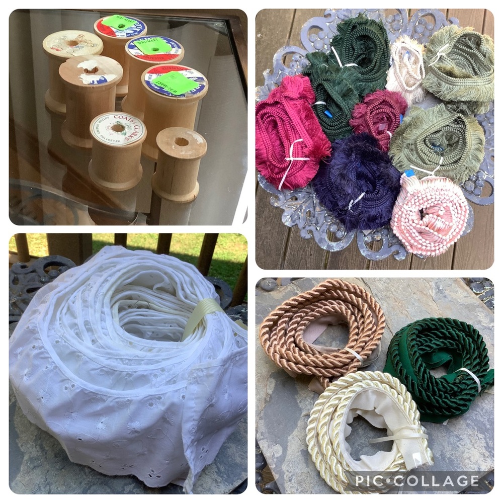 Mixed Lot of 32 Yards of Home Decor Trim and Seven Vintage Wooden Spools